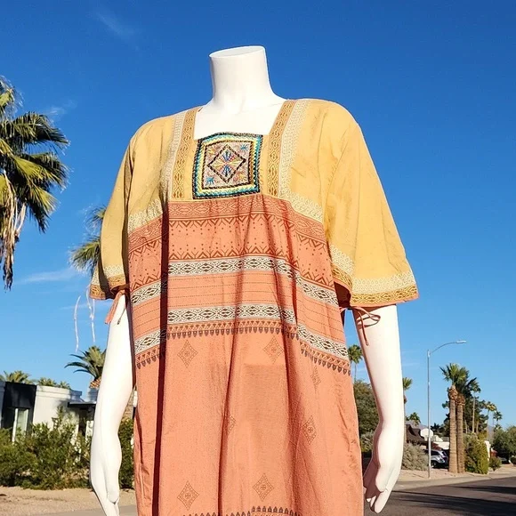 EGYPT Kaftan Maxi Dress XL Nightgown Batik Embroidered Egyptian Loungewear - Picture 4 of 15